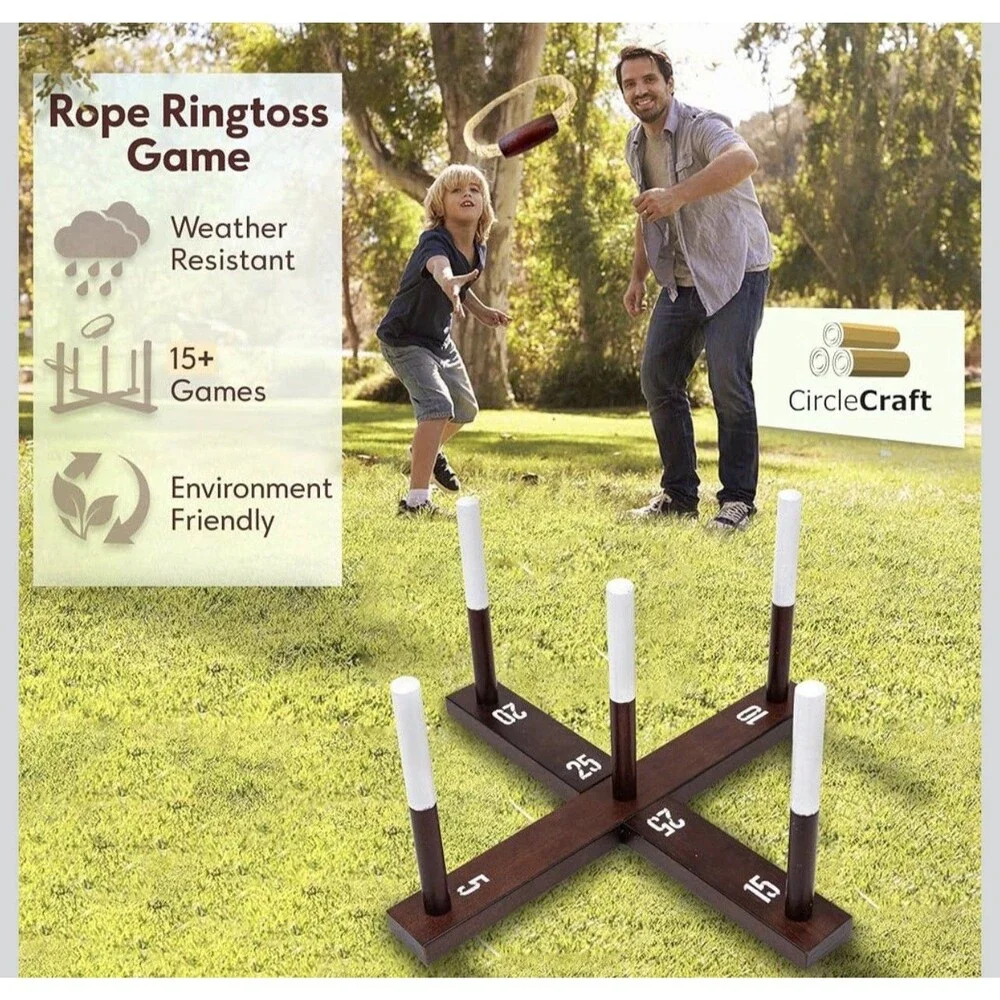 CircleCraft Rustic Wood & Rope Ring Toss Game for Adults - Featuring Wide Grip H